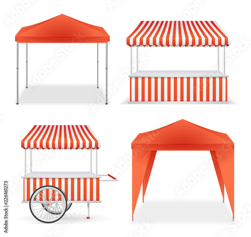 Fotografía Realistic Detailed 3d Red and Striped Blank Market Stall Template Mockup Set