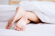© jumlongch - The feet or foot of woman sleeping on the bed and cover by the white blanket on a bright Sunday morning.
