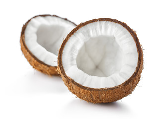 Poster - two halves of ripe coconut isolated on white background