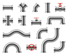 Steel Pipes. Metal Pipeline Connectors, Fittings, Valves, Industrial Plumbing For Water And Gas Vector Set Isolated. Illustration Of Pipeline And Pipe Part For Water Or Oil