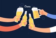 Cheering Hands. Cheerful People Clinking Beer Bottle And Glasses. Happy Drinking Holiday Vector Background. Illustration Of Alcohol Beverage Bottle Beer, Cheers Party In Pub