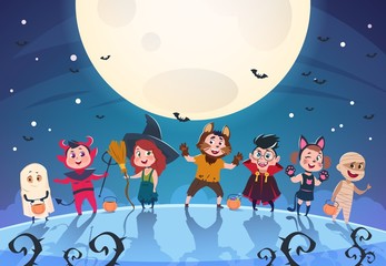 Happy halloween background. Monsters and kids in costumes. Halloween party poster or invitation vector template. Holiday monster, dracula and zombie, ghoul and ghost in moon light illustration