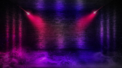 Wall Mural - Background of an empty corridor with brick walls and neon light. Brick walls, neon rays and glow