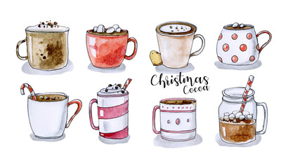 Assorted Christmas mugs collection in hand drawn style