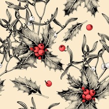 Seamless Pattern With Holly Leaves And Mistletoe