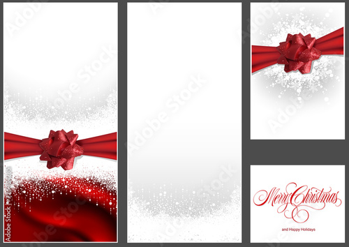 Set of Christmas Background with Red Bow, Red Ribbon, Snowflakes and Snow - F...