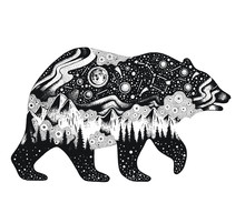 Bear Silhouette For T-shirt Print Or Temporary Tattoo. Hand Drawn Surreal Design For Apparel. Black Animal, Night Forest Landscape. Vintage Vector Illustration, Sketch Isolated On White Background