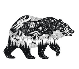 Wall Mural - Bear silhouette for t-shirt print or temporary tattoo. Hand drawn surreal design for apparel. Black animal, night forest landscape. Vintage vector illustration, sketch isolated on white background