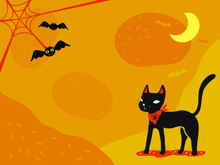 Wallpaper or banner of Halloween theme. A black cat, spider web and cute bats on orange and yellow background with copy space.