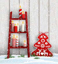 Ladder With Christmas Candles And Red Tree Decoration