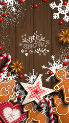 Wall Mural - Mobile phone Christmas wallpaper, gingerbread and ornaments on wood