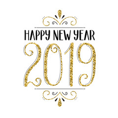 Wall Mural - HAPPY NEW YEAR 2019 hand-lettered card in gold and black