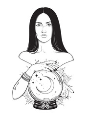 Wall Mural - Beautiful brunette witch with magic crystal ball with crescent moon in her hands line art and dot work. Boho chic tattoo, poster, tapestry or altar veil print design vector illustration.