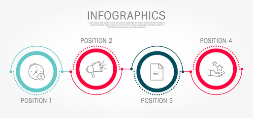 Modern and simple flat vector illustration. Infographic template with four circles, elements, sectors and percentages. Designed for business, presentations, web design, interface 4 step diagrams