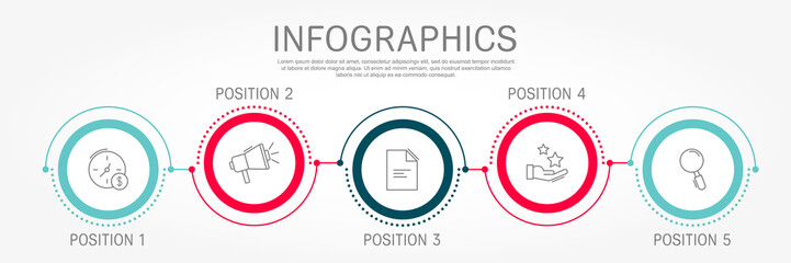 Modern and simple flat vector illustration. Infographic template with five circles, elements, sectors and percentages. Designed for business, presentations, web design, interface 5 step diagrams