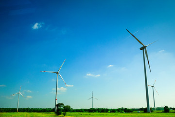 Wind mill turbines generating electricity in the green farmer's field. Eco power.