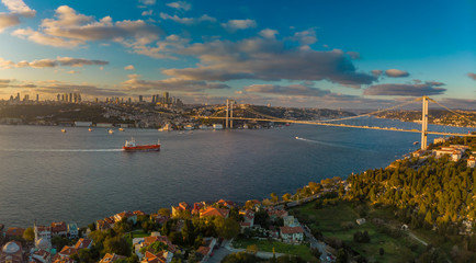 Wall Mural - Wide panorama of 15th July Martyrs Bridge (formerly Bosphorus Bridge) between Asia and Europe aerial view from Asian side in Istanbul Turkey