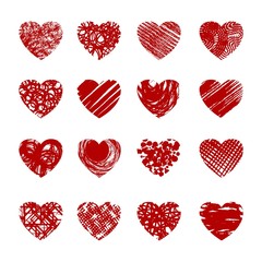 Wall Mural - red drawing hearts. cartoon sketch hearted vectors, abstract love symbols isolated on white backgrou