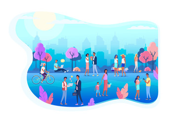 People walking on the city street park blue color flat illustration