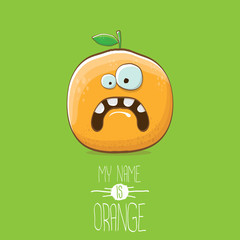 vector funny cartoon cute orange character isolated on green background. My name is orange vector concept. super funky citrus fruit summer food character