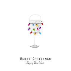 Wall Mural - Cocktails party. New year evening. Happy new year greeting card. Wine glass with colorful light bulb