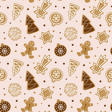 Hand Drawn Seamless Pattern With Cookie. Cute Gingerbread Repeating Wallpaper. Vector Design For Christmas Season.