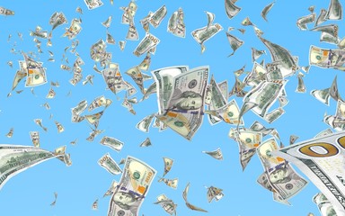 Flying dollars banknotes isolated on a blue background. Money is flying in the air. 100 US banknotes new sample. 3D illustration