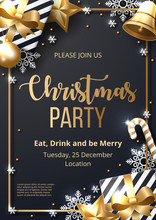 Christmas Party Poster Template With Shining Gold And White Ornaments. Made Of Snowflakes, Gift, Candy, Bells, Star, Christmas Ball. Vector Illustration 
