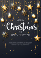 Merry Christmas Background With Shining Gold Ornaments. Made Of Snowflakes, Gift, Candy, Bells, Star, Christmas Ball. Vector Illustration 