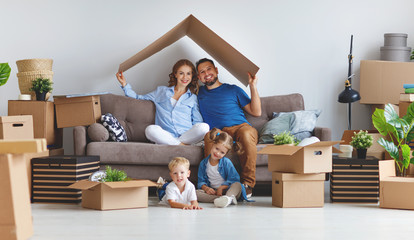 Poster - happy family mother father and children move to new apartment and unpack boxes