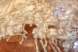 Battle scene on historical marble mosaic inlay floor of 14th century Duomo di Siena. Masterpiece artwork details of italian cathedral, UNESCO World Heritage Site