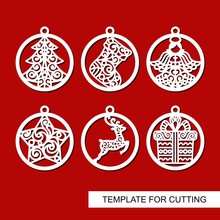 Set Of Christmas Decorations - Balls With A Deer, Angel, Gift, Sock, Lace Star And Christmas Tree. Template For Laser Cut, Wood Carving And Paper Cut. Vector Illustration. New Year Theme. Vector.