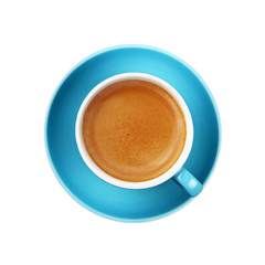 Wall Mural - Full espresso coffee in blue cup close up isolated