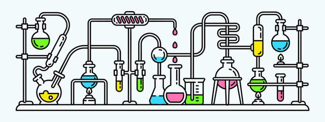 chemistry lab banner. outline illustration of chemistry lab vector banner for web design