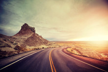 Scenic Road At Sunset, Color Toning Applied, Badlands National Park, USA