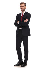 Poster - attractive businessman standing with arms crossed looks to side