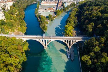 Wall Mural - Aerial view of Arve an Rhone river confluent in  Geneva Switzerland