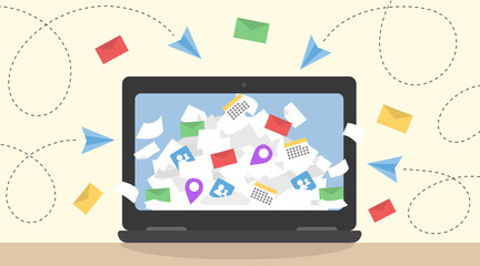 Information overload vector concept. Notebook on the table receiving too much information and emails. Flat design illustration.
