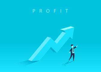 Concept of business growth with an upward arrow and a businessman showing the direction. Symbol of success, achievement. Vector illustration.