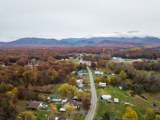 Aerial of the small town of Elkton, Virginia in the Shenandoah Valley with Mountains in the Distance