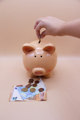 Hand introducing a coin into piggy bank with savings