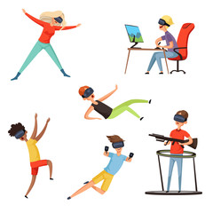 Canvas Print - Virtual reality gamer. Funny and happy characters playing online games VR helmet virtual headset or glasses. Vector illustrations. Virtual gamer, play innovation videogame