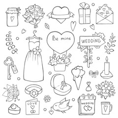 Wall Mural - various wedding day symbols. vector hand drawn illustrations of wedding. doodle collection drawing f