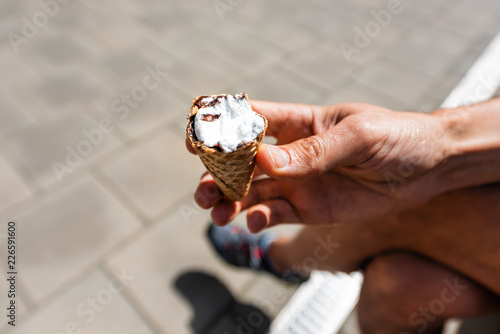 Man Holding One Half Eaten White Vanilla Ice Cream Gelato Cone On Italian Street In Town City During Hot Sunny Summer Day Stock Photo Adobe Stock Man Holding One Half Eaten White Vanilla Ice Cream Gelato Cone On Italian Street In Town City During Hot Sunny Summer Day Stock Photo Adobe Stock