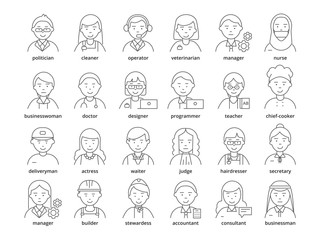 Wall Mural - Professions avatars. Medic teacher waiter stewardess judge advocate manager builder male and female vector linear icons. Illustration of manager and nurse, businesswoman and doctor