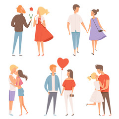 Wall Mural - Dating couples. St valentine day 14 february happiness hugging romantic lovers characters vector date concept pictures. Illustration of love dating, man and woman together