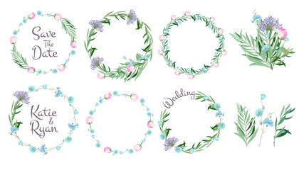 Sticker - floral frames. circle shapes with flowers branches decorative elements simple leaf greeting cards la