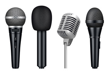 microphones 3d. music studio misc mic equipment vector realistic pictures of vintage style microphon