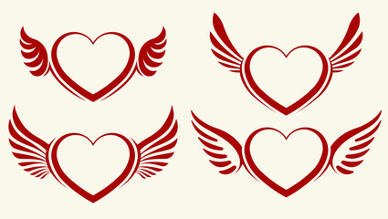 Wall Mural - Set of four red vector hearts with wings