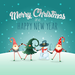 Merry Christmas and happy New Year greeting card with text - happy friends celebrate Christmas on winter landscape